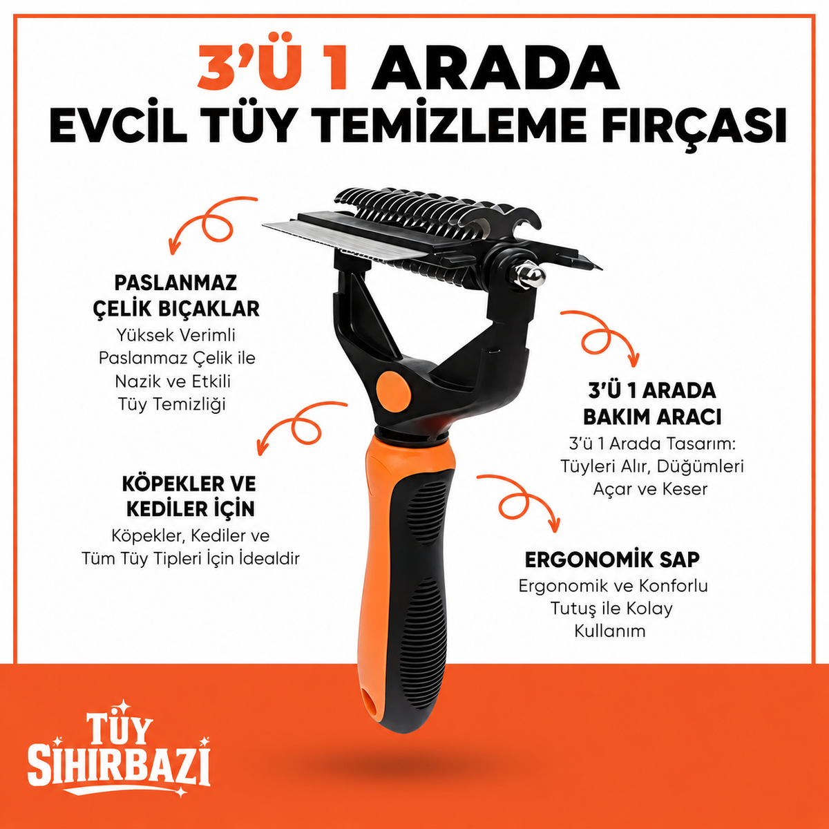 3'ü 1 arada Evcil Hayvan Tüyü Temizleme Fırçası
